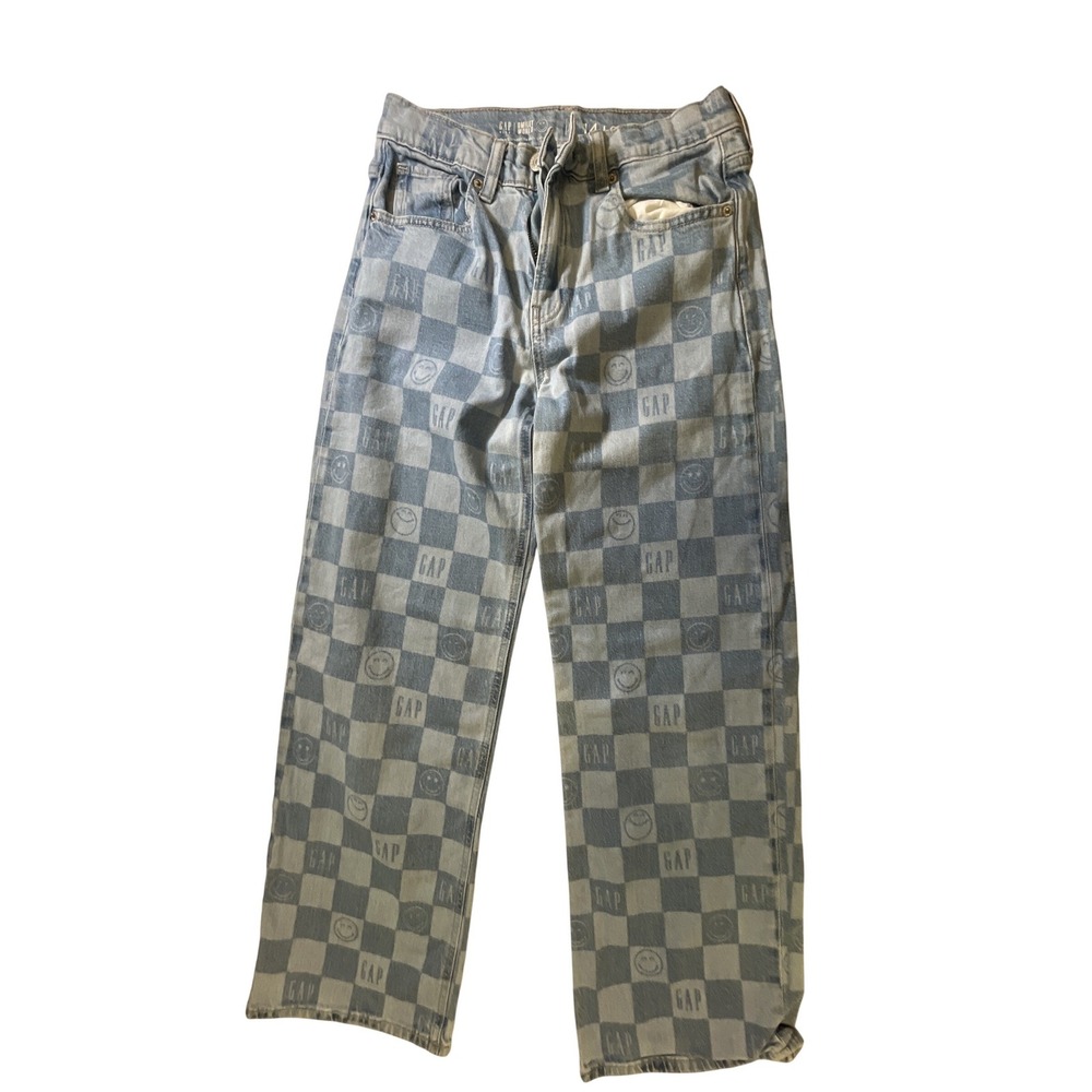 Gap x SmileyWorld Women Low Stride Wide Leg Checkerboard Jeans Blue Size 14 Kids